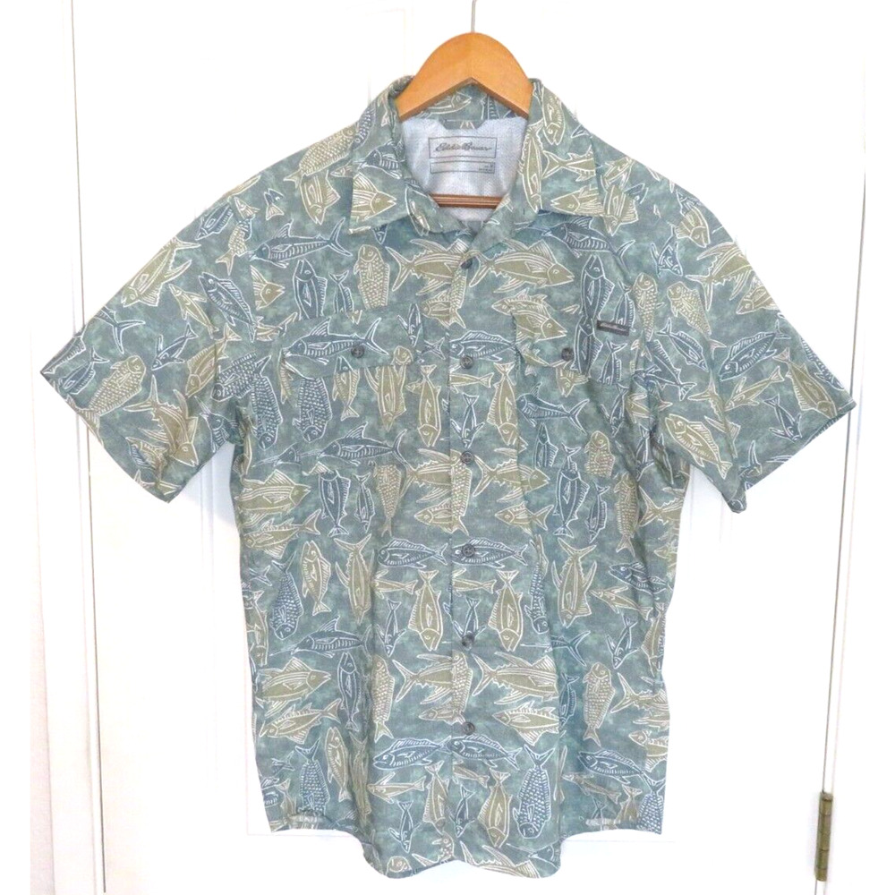 Eddie Bauer Men's Hawaiian Shirt Button Up Fish Tropical Green Blue - Size M